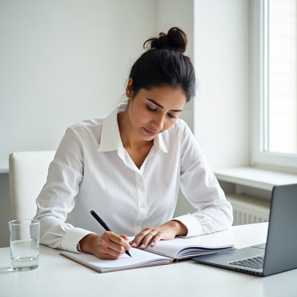 Person analysiert ihre Finanzgewohnheiten mit einem Notizbuch und Stift