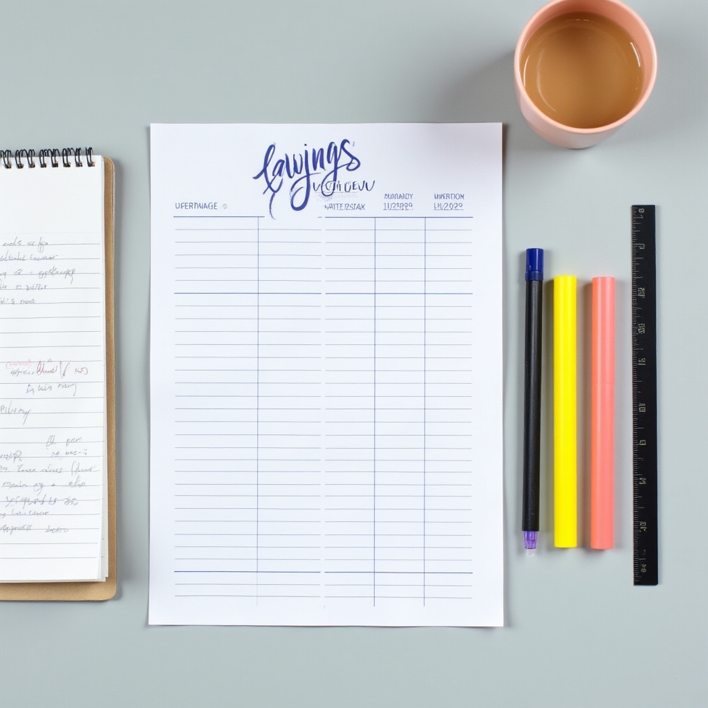 Übersichtlicher Sparplan auf einem Schreibtisch mit Kalender und Notizen